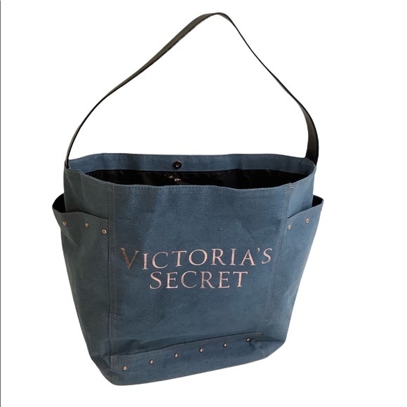 VS large denim shoulder purse bag with rose gold studs EUC - Picture 1 of 14